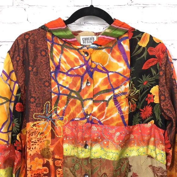 Chico’s Design Patchwork Boho Embroidered Floral Hooded Lined Shacket Sz 1 (M) - Picture 2 of 13